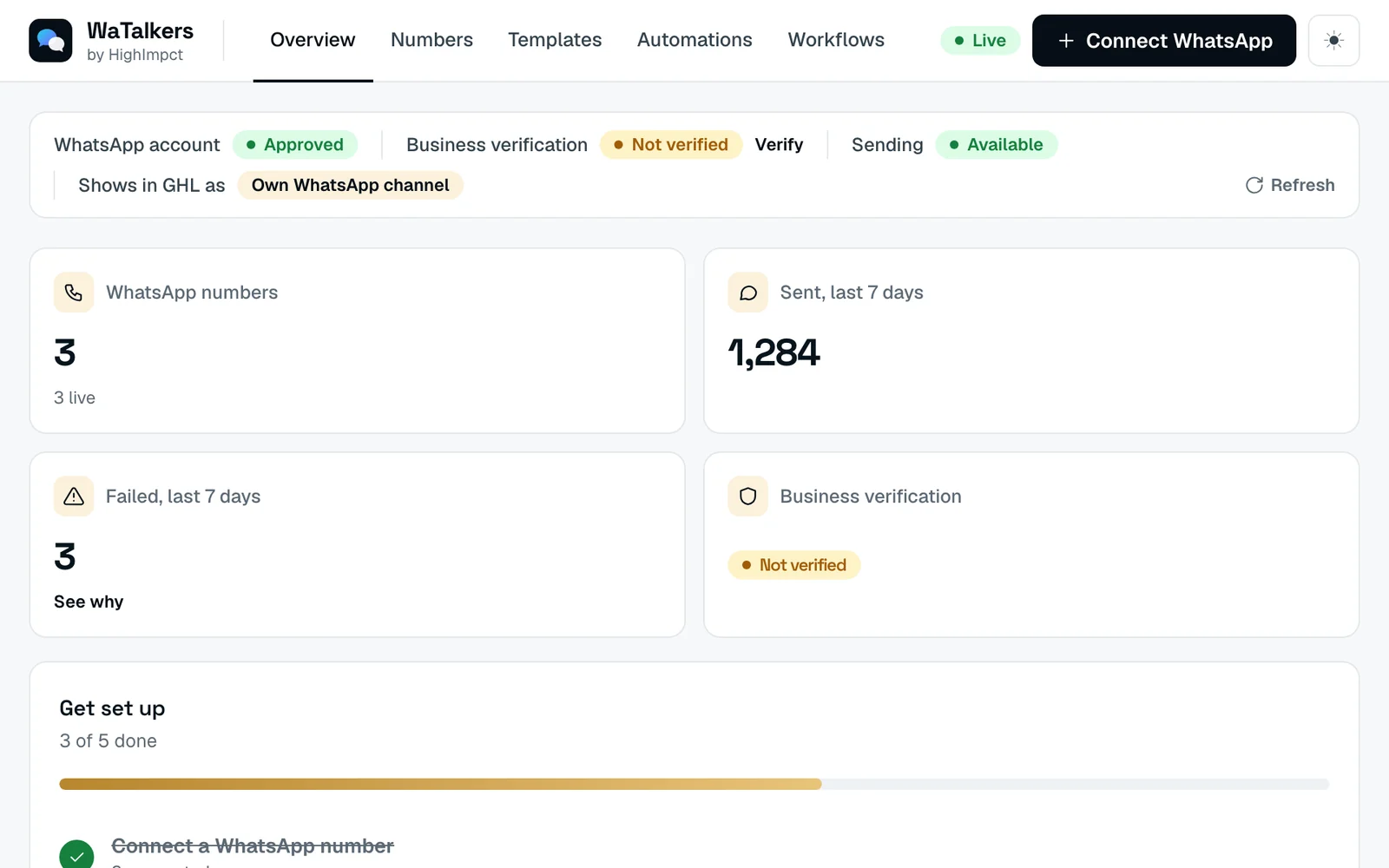 WaTalkers overview inside GoHighLevel